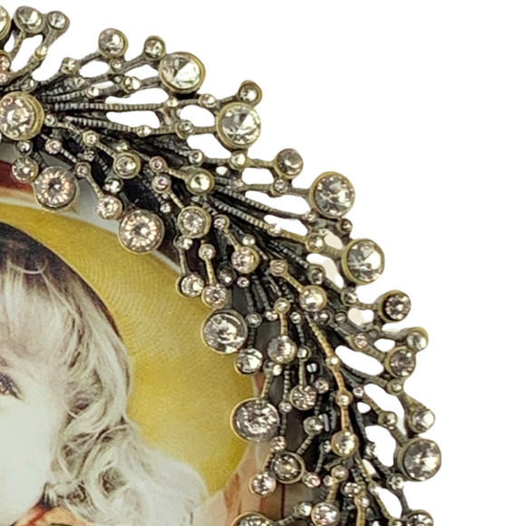 Brass Round Picture Frame, Austrian Crystals, Tabletop, Holds 4 x 4 Photo - Picture 4 of 5